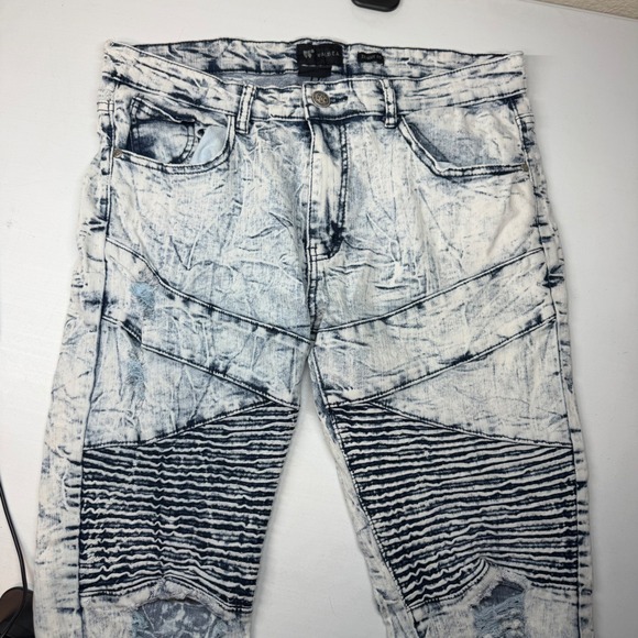 WaiMEA Men's Skinny Fit Acid Wash Biker Jeans Ribbed Distressed Size 34x32 - Picture 3 of 9